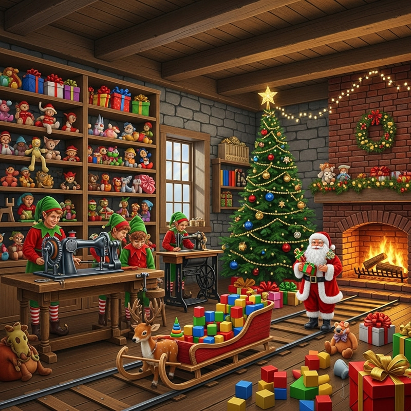 Enchanting Christmas Toy Factory: Elf Workshop, Santa, Reindeer Enchanting Christmas Toy Factory: Elf Workshop, Santa, Reindeer