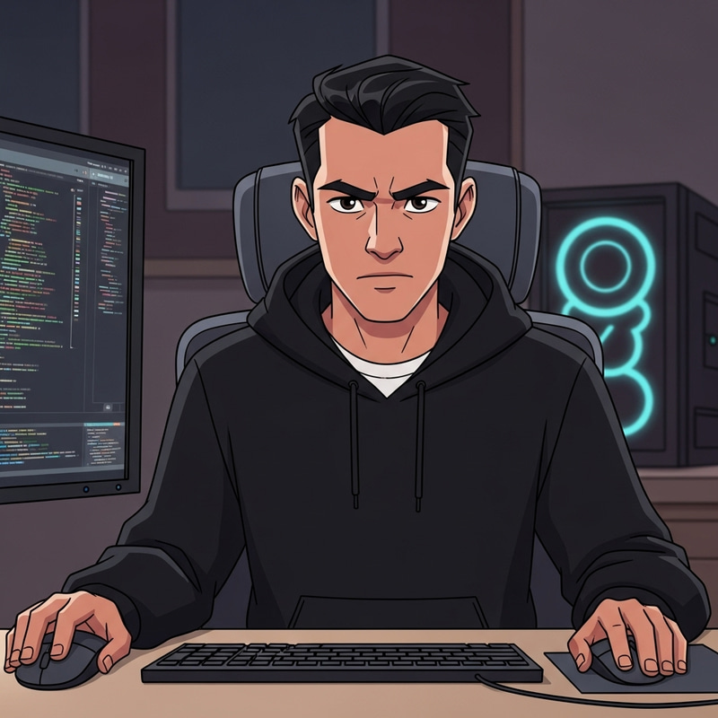 Modern Black-Haired Male Cartoon Character at Desk