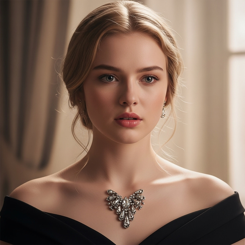 Stylish Blonde Woman in Off-Shoulder Dress and Statement Jewelry Stylish Blonde Woman in Off-Shoulder Dress and Statement Jewelry