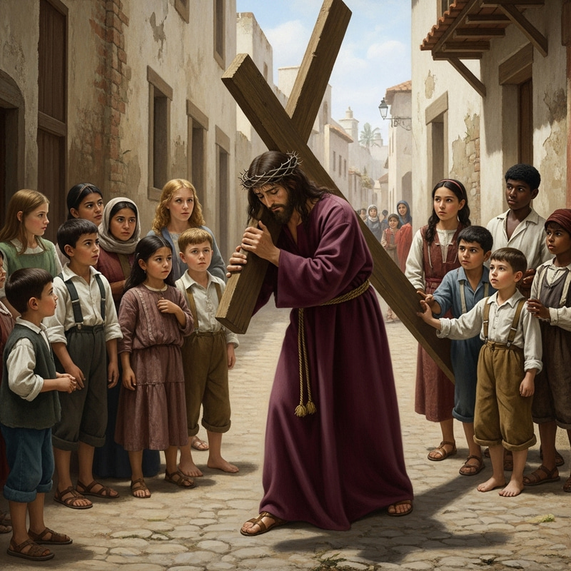 Jesus Christ Exhausted Carrying Cross in Presence of Diverse Street Children