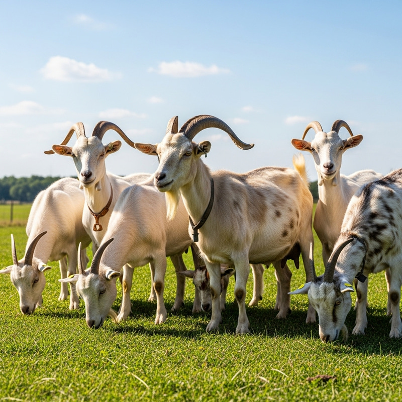 Male and Female Goats Grazing in Green Pasture Male and Female Goats Grazing in Green Pasture