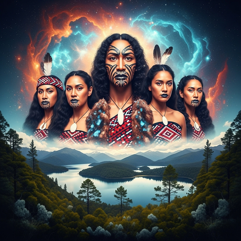 Maori Warriors & Maidens in Celestial New Zealand Landscape