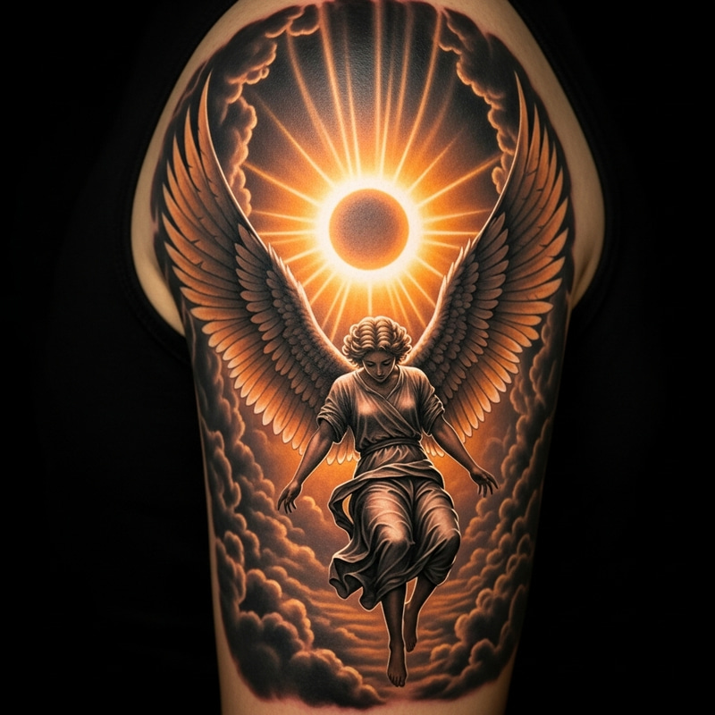 Detailed Fallen Angel Tattoo Design Under Two Sun Halos Detailed Fallen Angel Tattoo Design Under Two Sun Halos