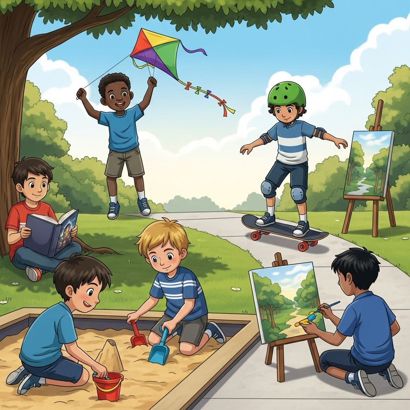 Diverse Boys Engaging in Summer Park Activities Diverse Boys Engaging in Summer Park Activities
