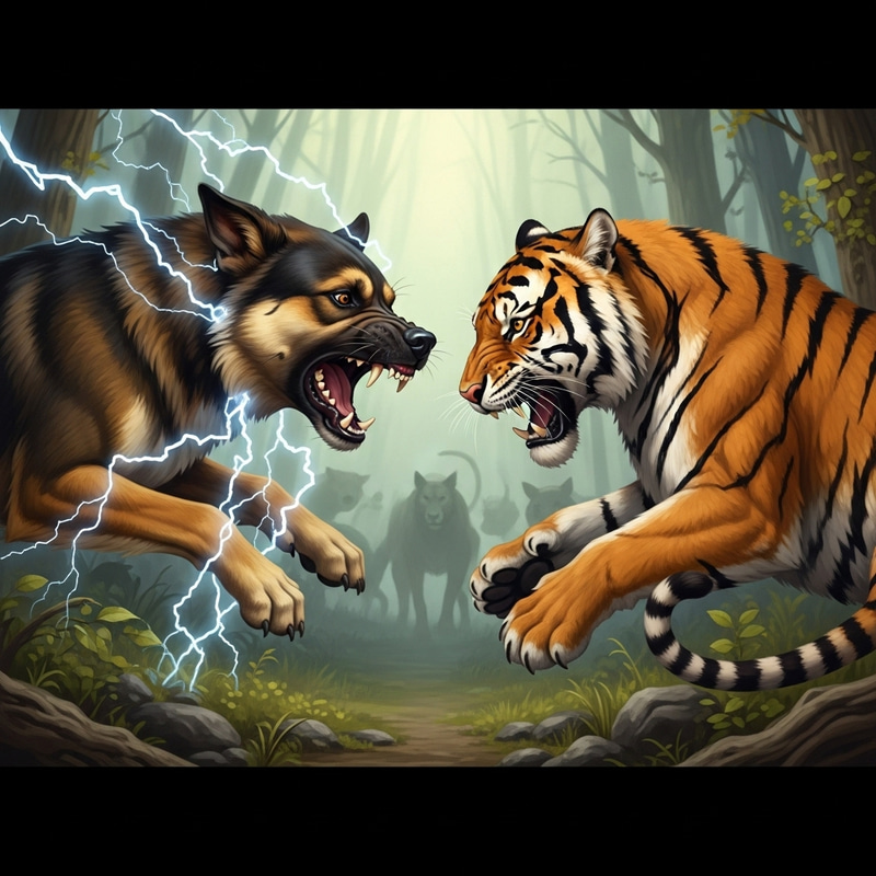 Dramatic Dog Fight with Tiger in the Wilderness Dramatic Dog Fight with Tiger in the Wilderness