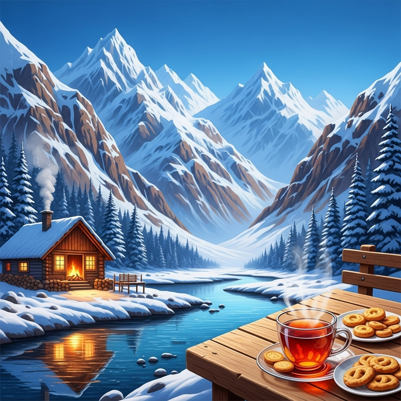 Rustic Hut in Snowy Mountain with River View