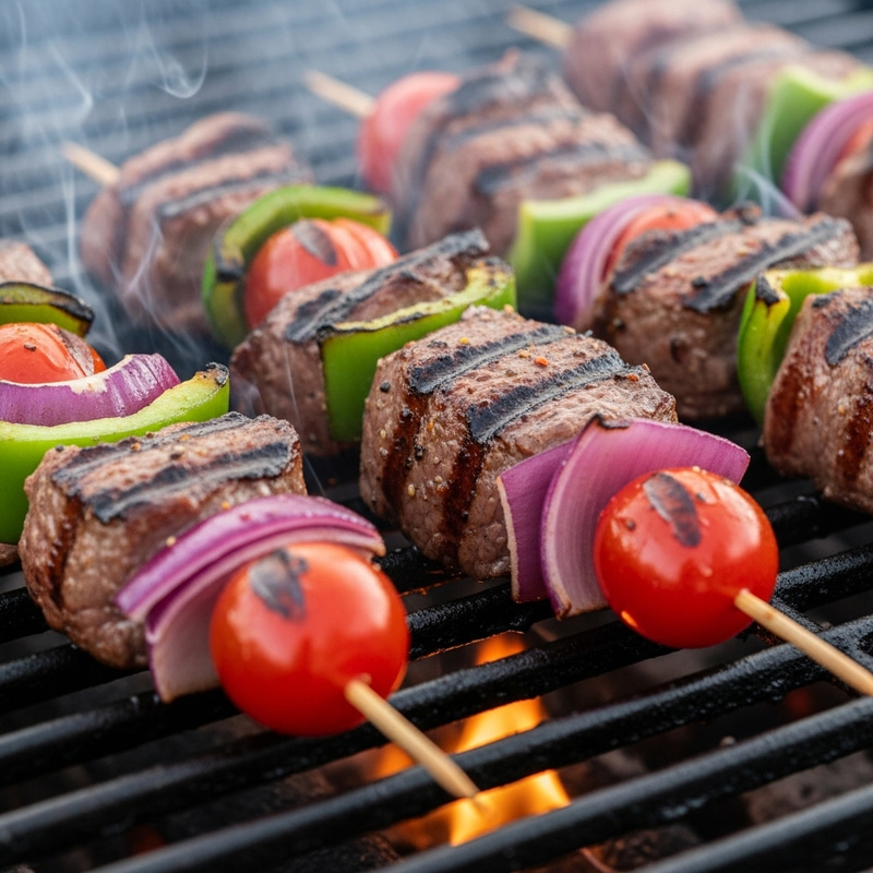 Delicious Steak Kebabs: Sizzle, Char Marks & Vibrant Colors Delicious Steak Kebabs: Sizzle, Char Marks & Vibrant Colors