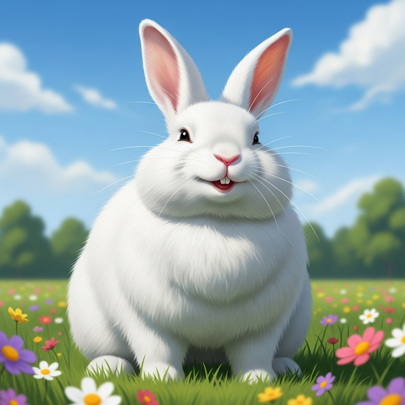 Joyful Smiling Fat Rabbit | Lush Green Field & Blue Sky