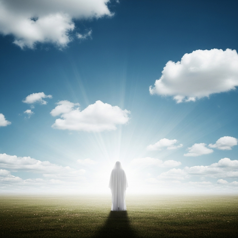Ethereal White Robed Figure in Field, Sky Background Ethereal White Robed Figure in Field, Sky Background