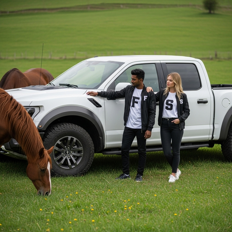 White Ford Raptor Truck with Couple & Horses in Natural Field Scene