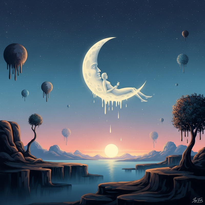 Surreal Moonlit Sky with Crescent Man - Salvador Dali Inspired Art