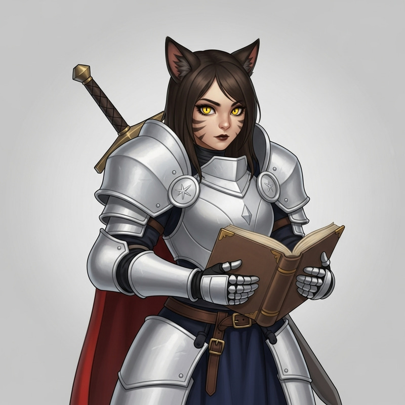 Warrior Girl in White Armor with Yellow Cat Eyes Holding a Book Warrior Girl in White Armor with Yellow Cat Eyes Holding a Book