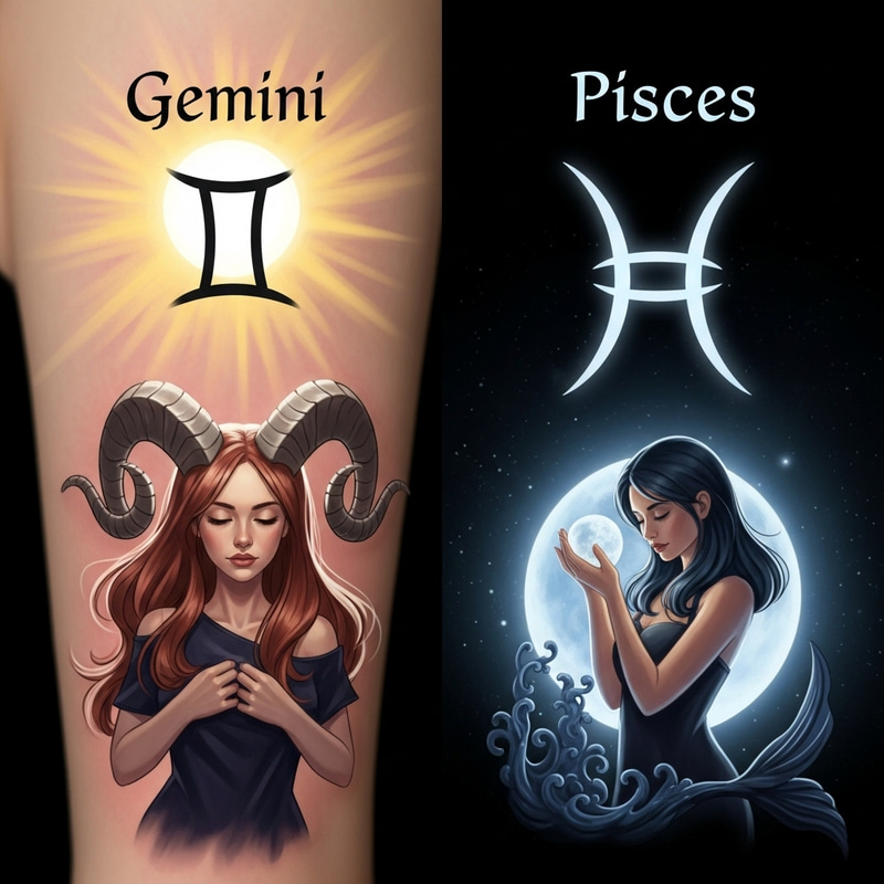 Gemini and Pisces Ethereal Zodiac Signs Tattoo Design