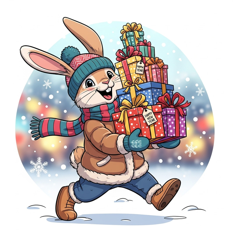 Joyful Winter Bunny Character with Gifts for New Year