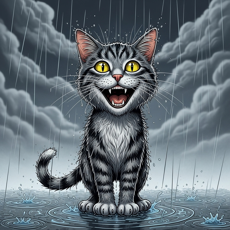 Laughing Comic Cat in Rain | Illustrated Joyful Feline Art