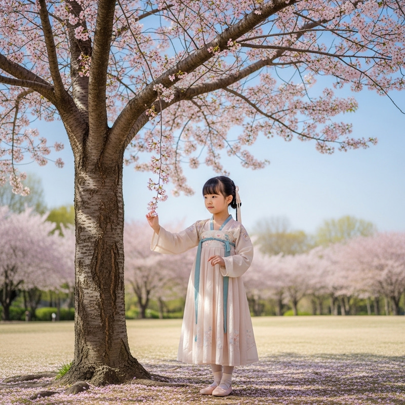 Chinese Girl Under Cherry Blossom Tree at Dusk Chinese Girl Under Cherry Blossom Tree at Dusk