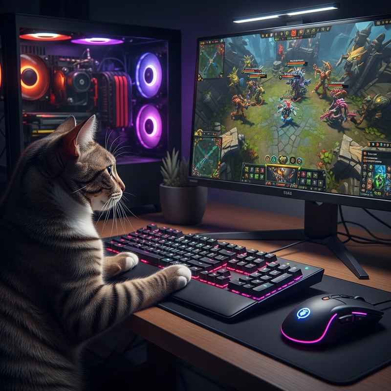 Cat Playing Dota 2 on Powerful Gaming Computer Cat Playing Dota 2 on Powerful Gaming Computer