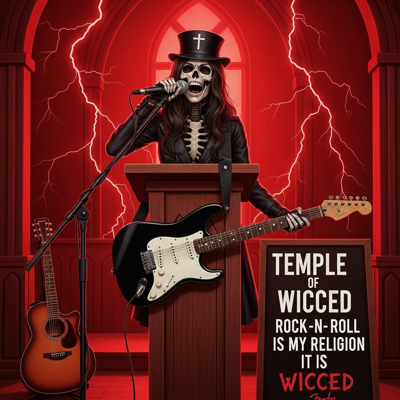 Female Skeleton Preacher Rocking Black Fender Guitar at Temple of Wicced