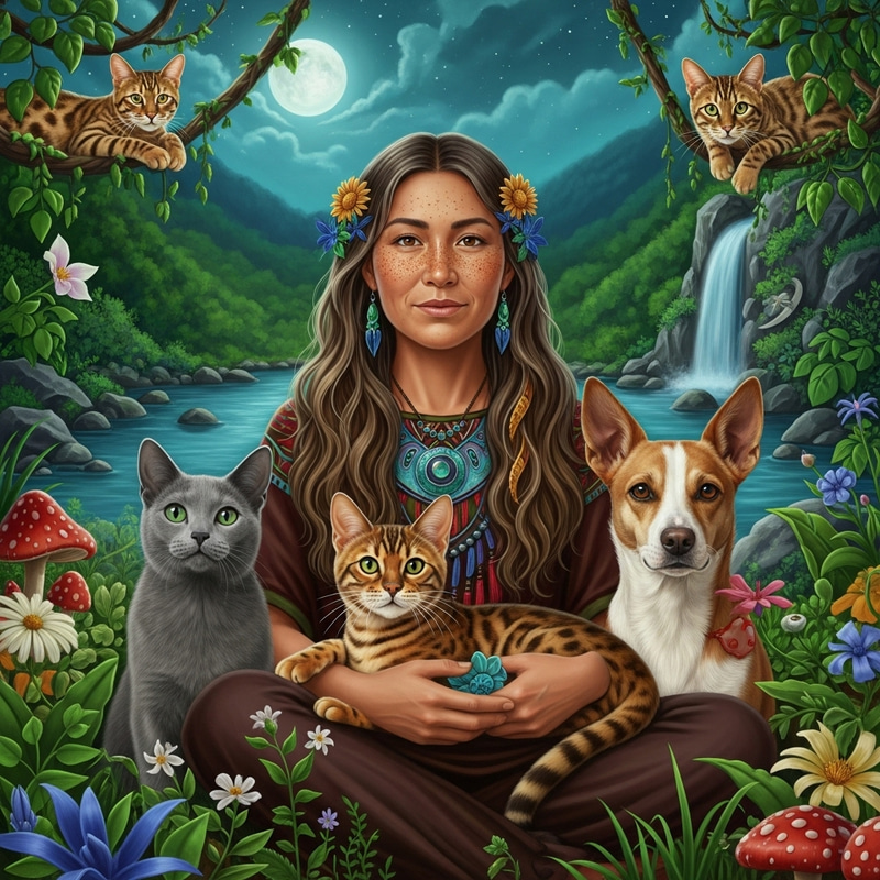 Enchanting Shaman Woman with Golden Bengal Cat and Russian Blue Cat Enchanting Shaman Woman with Golden Bengal Cat and Russian Blue Cat