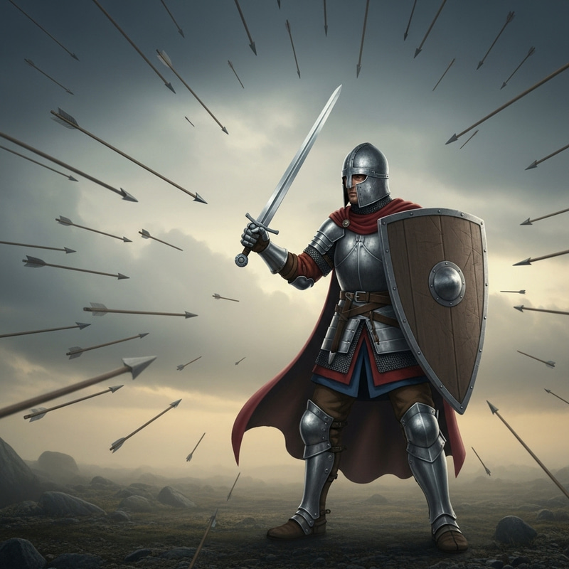 Courageous Cartoon Soldier Facing Hail of Arrows with Sword and Shield Courageous Cartoon Soldier Facing Hail of Arrows with Sword and Shield
