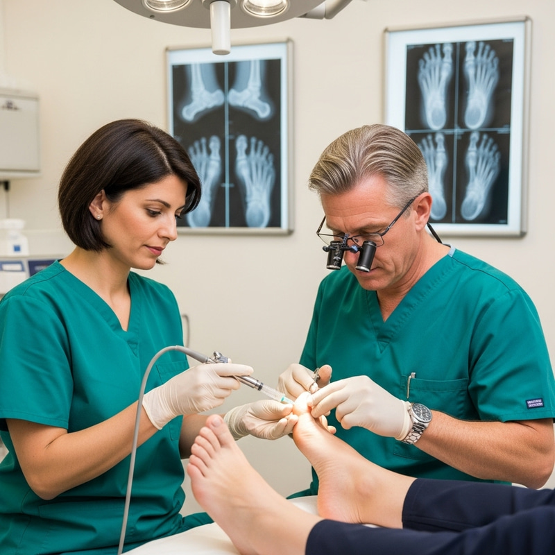 Expert Foot Doctor Injecting Toe with Assistant in Surgical Room Expert Foot Doctor Injecting Toe with Assistant in Surgical Room