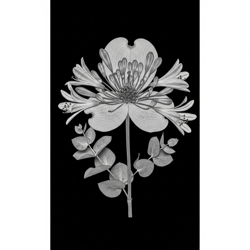 Detailed Pressed Flower: Dogwood, Eucalyptus, Agapanthus Chimera Detailed Pressed Flower: Dogwood, Eucalyptus, Agapanthus Chimera