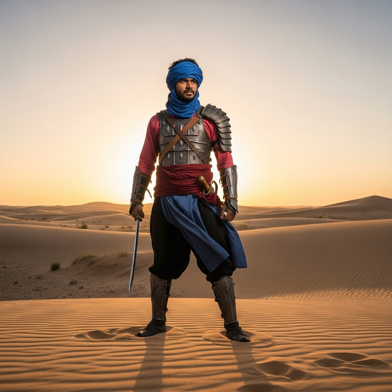 Passionate Warrior at Dawn in Expansive Desert Passionate Warrior at Dawn in Expansive Desert