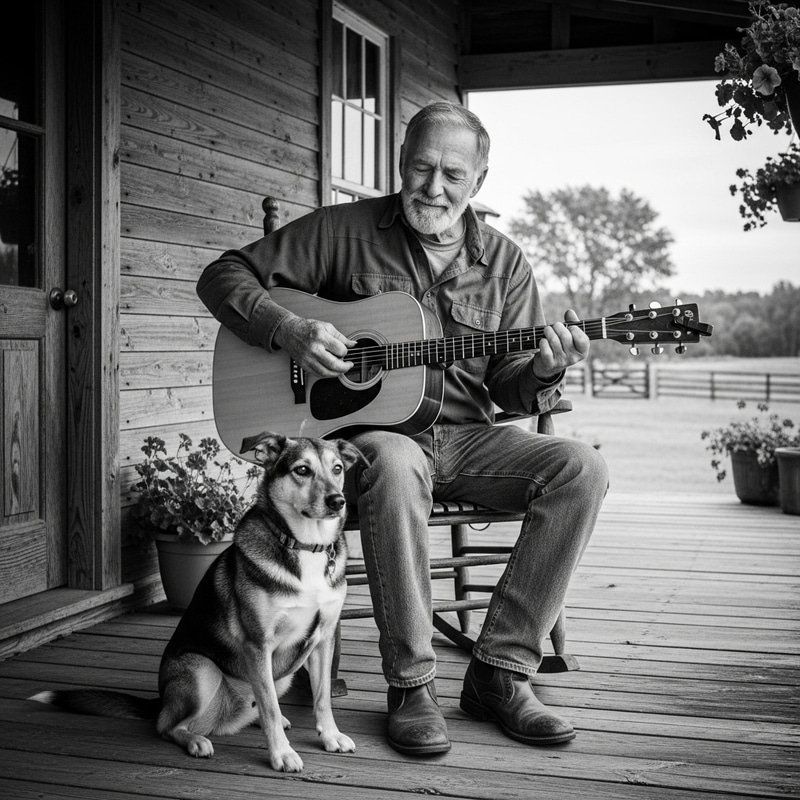 Elderly Man Playing Guitar on Farmhouse Porch with Dog - Vintage Scene Elderly Man Playing Guitar on Farmhouse Porch with Dog - Vintage Scene