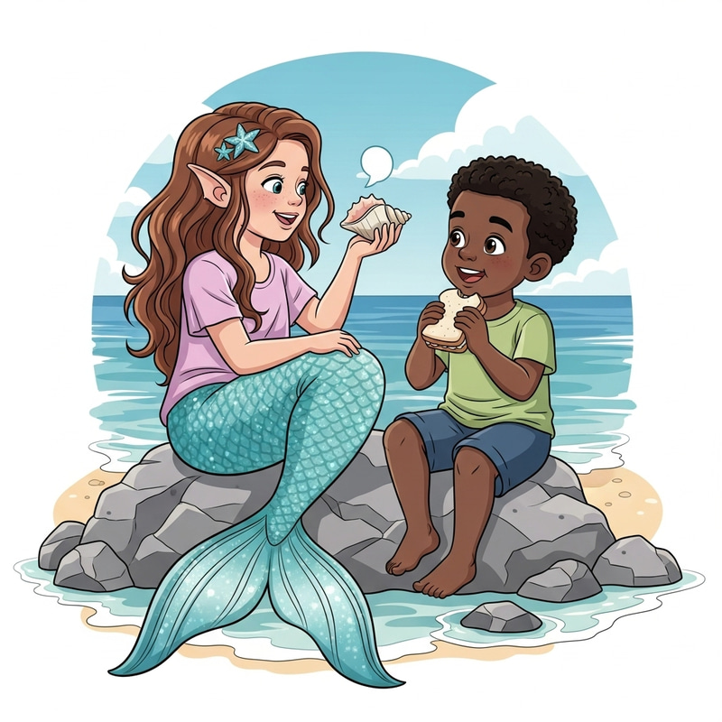 Enchanting Mermaid Girl and Boy by the Sea Enchanting Mermaid Girl and Boy by the Sea