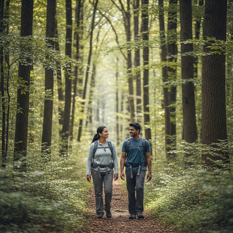 Happy Couple Walking on a Wooded Path - Long Journey Happy Couple Walking on a Wooded Path - Long Journey