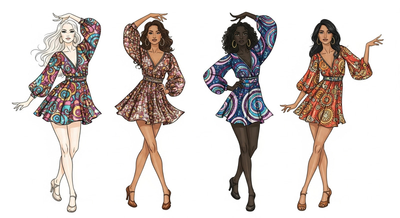 Dynamic 70s Fashion Sketches - Retro Glamour & Artistic Flair Dynamic 70s Fashion Sketches - Retro Glamour & Artistic Flair