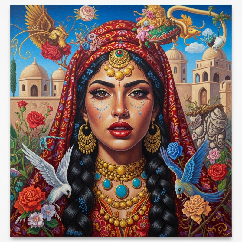 Vibrant Cultural Portrait: Abeerah with Fierce Expression Vibrant Cultural Portrait: Abeerah with Fierce Expression