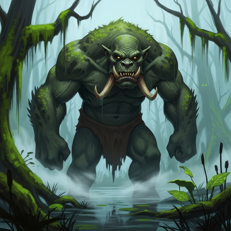 Intimidating Ogre in Misty Swamp - Powerful Fantasy Artwork Intimidating Ogre in Misty Swamp - Powerful Fantasy Artwork