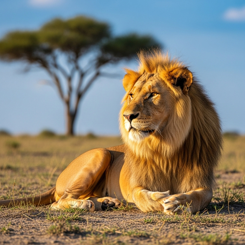 Majestic Lion in Sunlit Savanna Majestic Lion in Sunlit Savanna