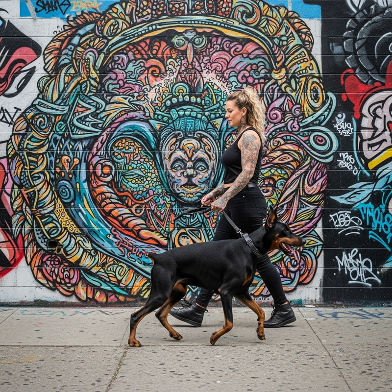 Graffiti Art: Curvy Tattooed Woman with Doberman Walking Graffiti Art: Curvy Tattooed Woman with Doberman Walking