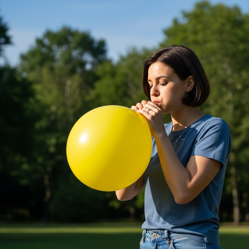 Woman Inflating Balloon Outdoors