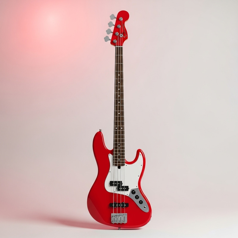 Red Bass Guitar on White Background - Captivating Design with Gleaming Metal Strings