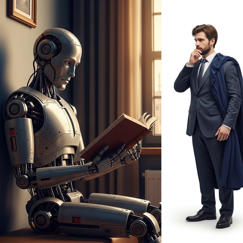 Metallic Robot Studying in Cozy Room