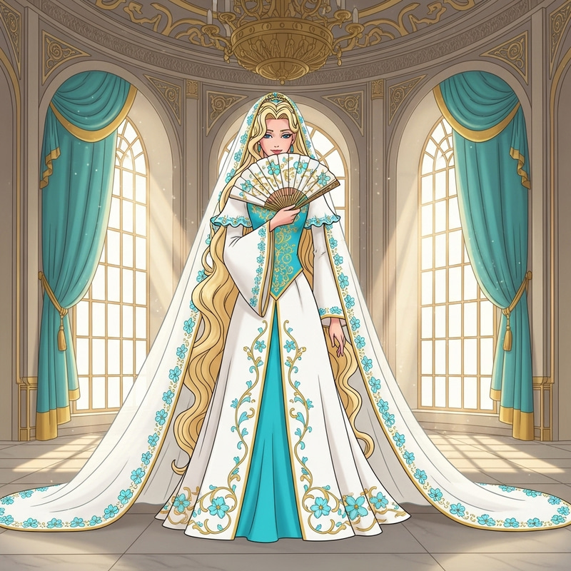 Blonde Empress Walking in Royal Palace | Elegant Fan & Gown Blonde Empress Walking in Royal Palace | Elegant Fan & Gown