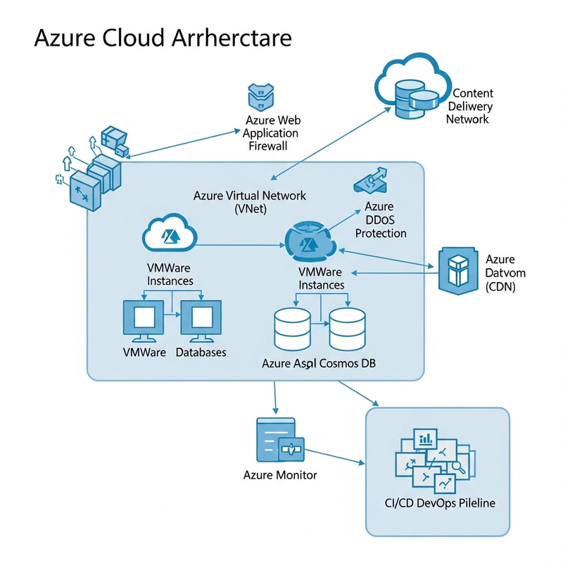 Azure Cloud Architecture with VMWare, Databases, WAF, VNet, DDos, CDN, Azure Monitor, CI/CD DevOps - Visual Representation Azure Cloud Architecture with VMWare, Databases, WAF, VNet, DDos, CDN, Azure Monitor, CI/CD DevOps - Visual Representation