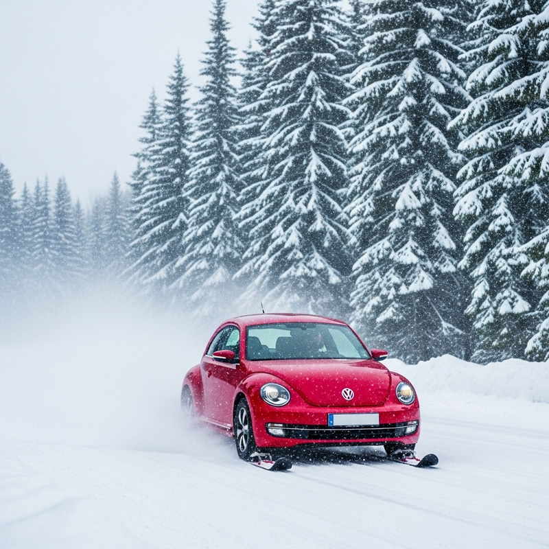 Bright Red VW Beetle Skis Driving Through Snow Bright Red VW Beetle Skis Driving Through Snow
