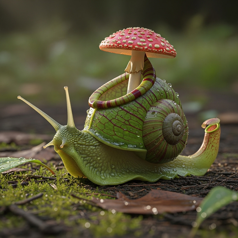 Snail with Pitcher Plant Body and Fly Agaric Mushroom Snail with Pitcher Plant Body and Fly Agaric Mushroom
