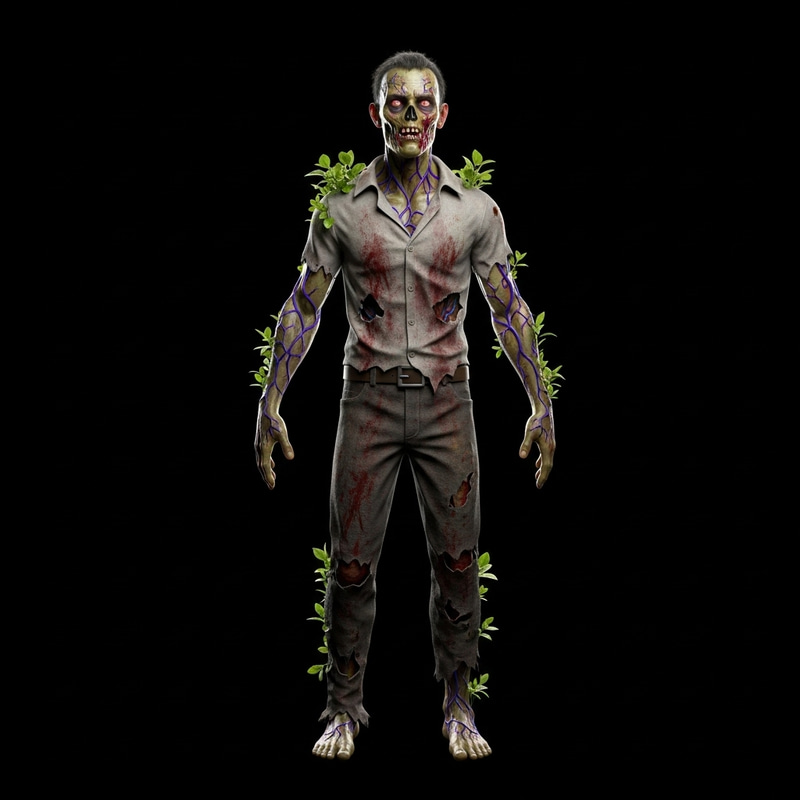 Detailed 3D Skinny Zombie with Veins and Plant Growth Detailed 3D Skinny Zombie with Veins and Plant Growth