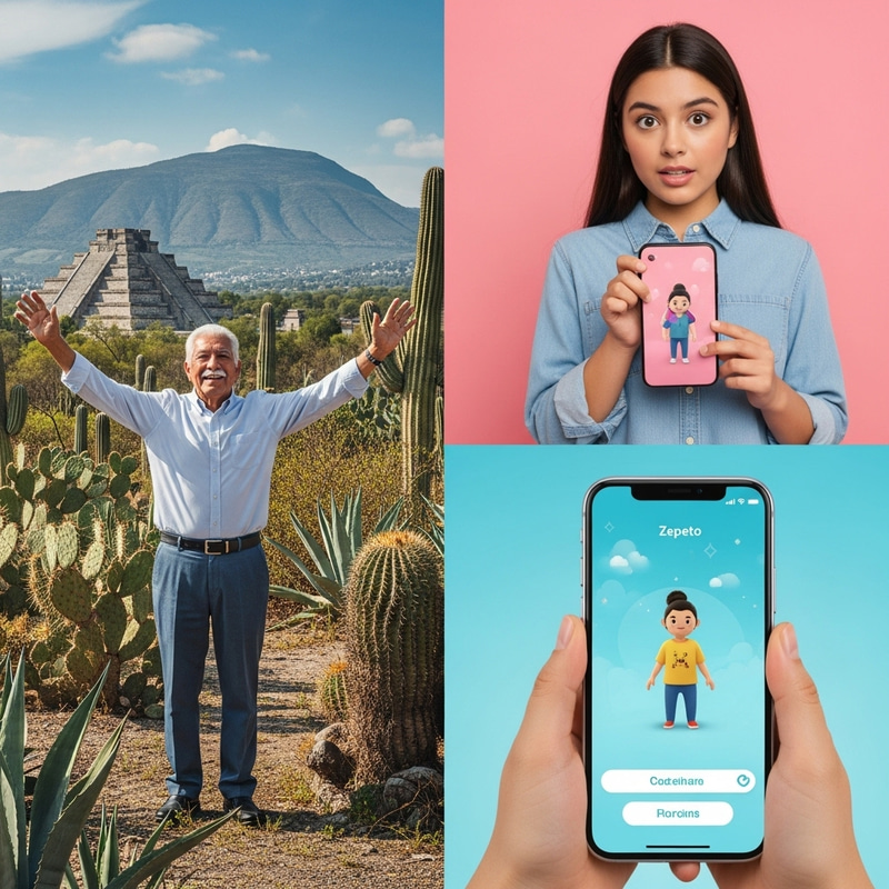 Elder Man & Daughter in Vibrant Mexican Landscape