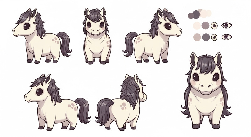 Chibi-Style Cute Undead Horse Reference Sheet with Pastel Colors