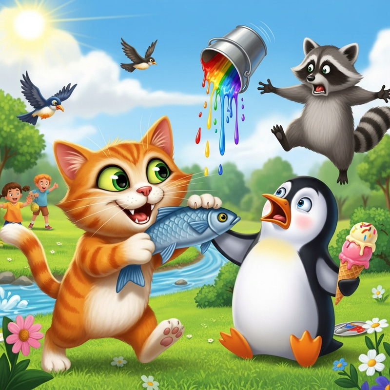 Whimsical Illustration of a Funny Cat and Penguin in a Comedic Park Scene Whimsical Illustration of a Funny Cat and Penguin in a Comedic Park Scene