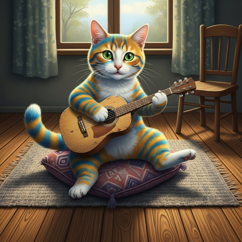Playful Cat Playing Guitar on Cozy Cushion