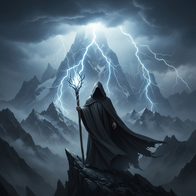 Mysterious Figure with Glowing Staff Casting Lightning