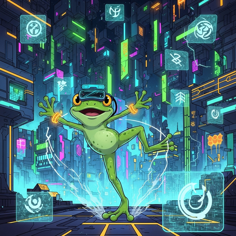 Mystical Pepe Frog in Cyberpunk Virtual Reality Neon World Mystical Pepe Frog in Cyberpunk Virtual Reality Neon World