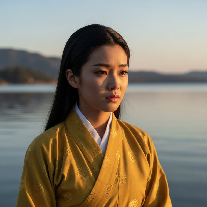 Sad Kunoichi in Yellow Huomongi by the Lake